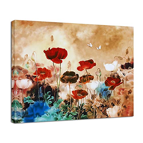 Wieco Art - Blooming Poppies Modern Stretched and Framed Floral Giclee Canvas Prints Flowers Artwork Colorful Flowers Pictures Paintings on Canvas Wall Art for Living Room Bedroom Home Decorations
