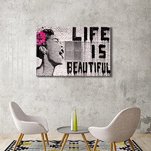 Wieco Art Large Canvas Prints of Banksy Life is Beautiful Modern Stretched and Framed Giclee Artwork Grey Love Pictures Paintings on Canvas Wall Art for Bedroom Home Office Decorations