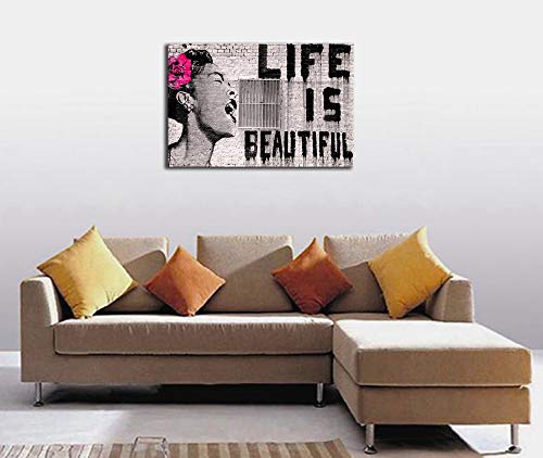 Wieco Art Large Canvas Prints of Banksy Life is Beautiful Modern Stretched and Framed Giclee Artwork Grey Love Pictures Paintings on Canvas Wall Art for Bedroom Home Office Decorations