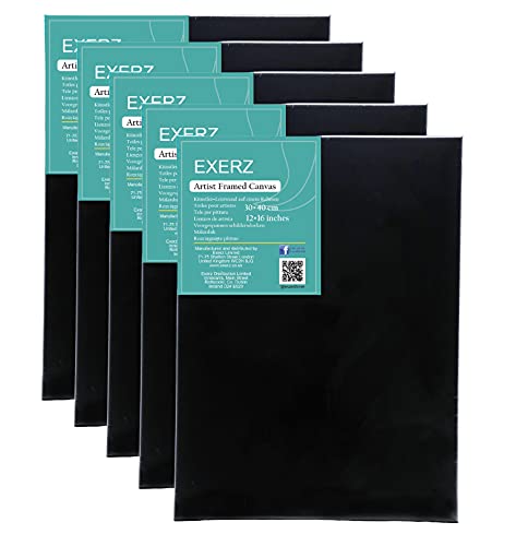 Exerz 30x40cm Black Canvas 5pk - A3 Canvas Framed 1.7cm Pre-Stretched Artist Canvas - 280GSM 100% Cotton Triple Primed/Acid Free/Medium Grain - Acrylic & Oil Paint