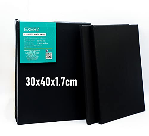 Exerz 30x40cm Black Canvas 5pk - A3 Canvas Framed 1.7cm Pre-Stretched Artist Canvas - 280GSM 100% Cotton Triple Primed/Acid Free/Medium Grain - Acrylic & Oil Paint