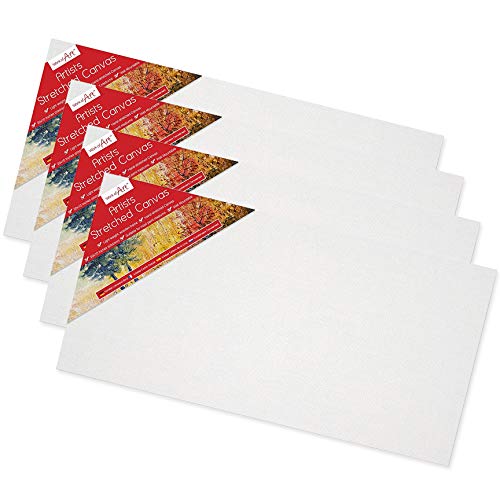 Pack of 4 Pre-Stretched 20" x 10" Artists Canvases, Blank Primed Cotton Wall Mountable Painting Boards Ideal for Oil & Acrylic Paints
