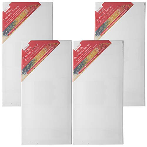 Pack of 4 Pre-Stretched 20" x 10" Artists Canvases, Blank Primed Cotton Wall Mountable Painting Boards Ideal for Oil & Acrylic Paints