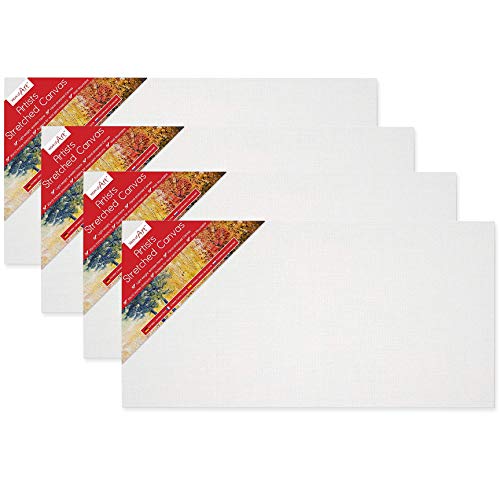 Pack of 4 Pre-Stretched 20" x 10" Artists Canvases, Blank Primed Cotton Wall Mountable Painting Boards Ideal for Oil & Acrylic Paints