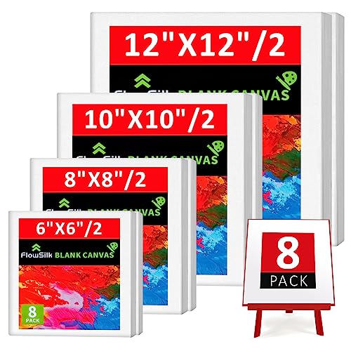 Blank Canvas Boards for Painting, Set of 8 Art Square Canvas Frame Panels, Board Stretcher Academy Acrylic Oil Water Painting, Stretched Wooden Frames, 100% Cotton, Canvases for Kids & Artist
