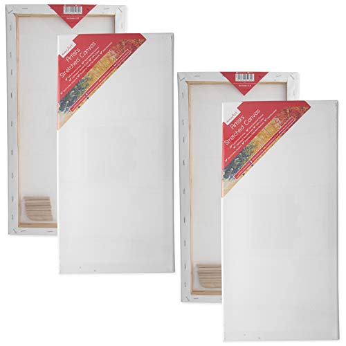 Pack of 4 Pre-Stretched 20" x 10" Artists Canvases, Blank Primed Cotton Wall Mountable Painting Boards Ideal for Oil & Acrylic Paints