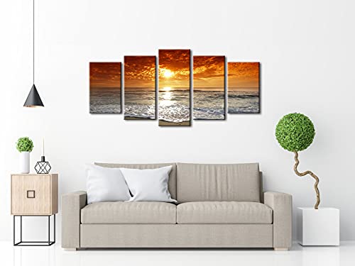 Wieco Art - Grand Sight 5 Piece Modern Landscape Artwork HD Seascape Stretched and Framed Giclee Canvas Prints Ocean Sea Beach Pictures Paintings on Canvas Wall Art for Living Room Bedroom Decorations