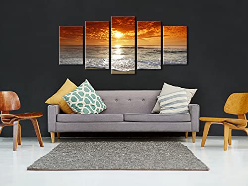 Wieco Art - Grand Sight 5 Piece Modern Landscape Artwork HD Seascape Stretched and Framed Giclee Canvas Prints Ocean Sea Beach Pictures Paintings on Canvas Wall Art for Living Room Bedroom Decorations
