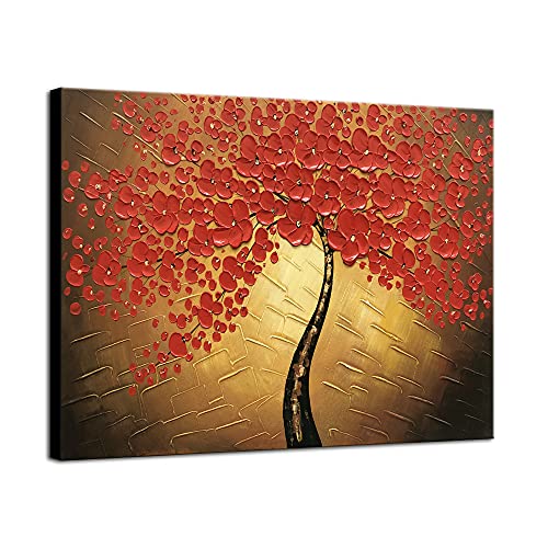 Wieco Art - Red Flowers Modern Stretched and Framed Floral 100% Hand Painted Oil Paintings Artwork on Canvas Wall Art Ready to Hang for Living Room Bedroom Home Decorations