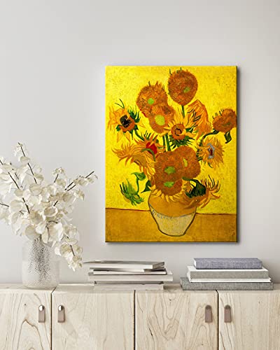 Wieco Art - Modern Abstract Flowers Giclee Canvas Prints Stretched and Framed Artwork Vase with Fifteen Sunflowers by Van Gogh Oil Paintings Reproduction Pictures on Canvas Wall Art for Home Décor