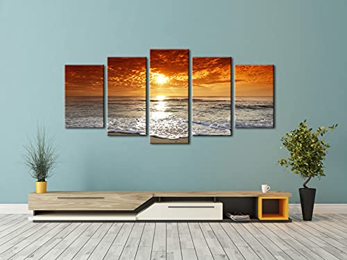 Wieco Art - Grand Sight 5 Piece Modern Landscape Artwork HD Seascape Stretched and Framed Giclee Canvas Prints Ocean Sea Beach Pictures Paintings on Canvas Wall Art for Living Room Bedroom Decorations