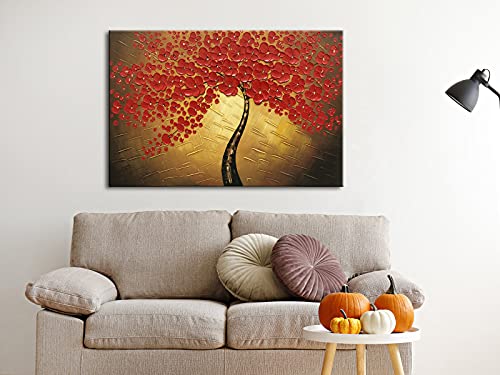 Wieco Art - Red Flowers Modern Stretched and Framed Floral 100% Hand Painted Oil Paintings Artwork on Canvas Wall Art Ready to Hang for Living Room Bedroom Home Decorations