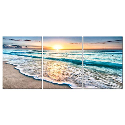Wieco Art 3 Panels Blue Beach Sunrise White Wave Pictures Painting on Canvas Wall Art Modern Stretched and Framed Seascape Canvas Prints Seaview Landscape Artwork for Home Office Decorations