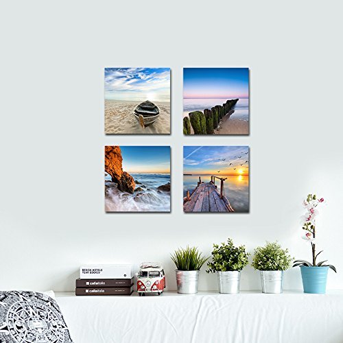 Wieco Art - Seaview Modern 4 Piece Stretched and Framed Seascape Giclee Canvas Prints Artwork Landscape Ocean Sea Beach Pictures Paintings on Canvas Wall Art for Living Room Bedroom Home Decorations