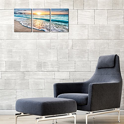 Wieco Art 3 Panels Blue Beach Sunrise White Wave Pictures Painting on Canvas Wall Art Modern Stretched and Framed Seascape Canvas Prints Seaview Landscape Artwork for Home Office Decorations