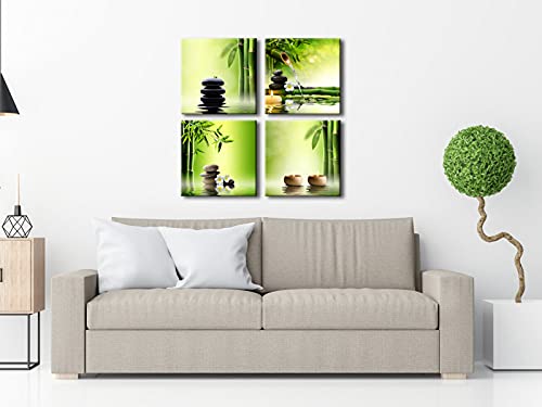 Wieco Art - Modern 4 Panels Stretched and Framed Contemporary Zen Giclee Canvas Prints Perfect Bamboo Green Pictures Paintings on Canvas Wall Art for Home Office Decorations Living Room Bedroom