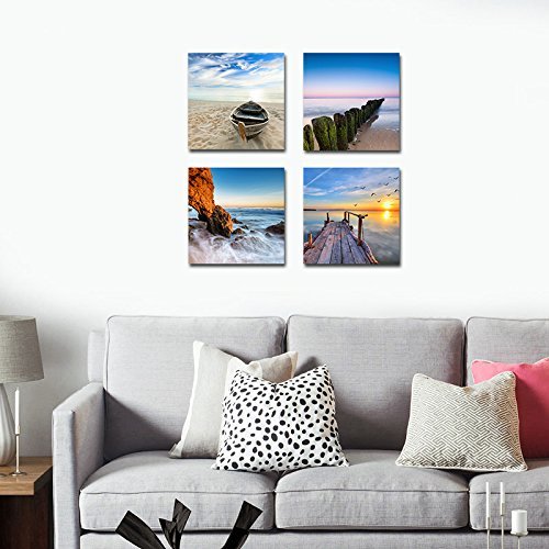 Wieco Art - Seaview Modern 4 Piece Stretched and Framed Seascape Giclee Canvas Prints Artwork Landscape Ocean Sea Beach Pictures Paintings on Canvas Wall Art for Living Room Bedroom Home Decorations