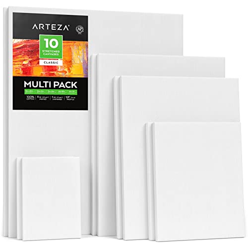 ARTEZA Stretched White Blank Canvas Multi Pack, 5x7, 8x10, 11x14, 12x16, 16x20 (2 of Each) Set of 10, Primed, 100% Cotton, Art Supplies for Acrylic, Oil, Other Wet or Dry Media