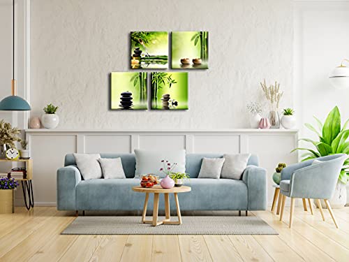 Wieco Art - Modern 4 Panels Stretched and Framed Contemporary Zen Giclee Canvas Prints Perfect Bamboo Green Pictures Paintings on Canvas Wall Art for Home Office Decorations Living Room Bedroom