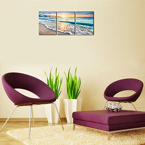Wieco Art 3 Panels Blue Beach Sunrise White Wave Pictures Painting on Canvas Wall Art Modern Stretched and Framed Seascape Canvas Prints Seaview Landscape Artwork for Home Office Decorations
