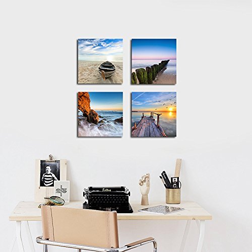 Wieco Art - Seaview Modern 4 Piece Stretched and Framed Seascape Giclee Canvas Prints Artwork Landscape Ocean Sea Beach Pictures Paintings on Canvas Wall Art for Living Room Bedroom Home Decorations