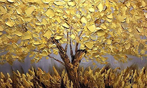 Orlco Art Wall Decoration Hand Painted Landscape Flower Wall art Abstract Palette Knife Gold Tree Blossom Oil painting On Canvas Family wall Living Room Art Wall Decor Stretched Gold 24X48inch