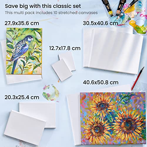 ARTEZA Stretched White Blank Canvas Multi Pack, 5x7, 8x10, 11x14, 12x16, 16x20 (2 of Each) Set of 10, Primed, 100% Cotton, Art Supplies for Acrylic, Oil, Other Wet or Dry Media