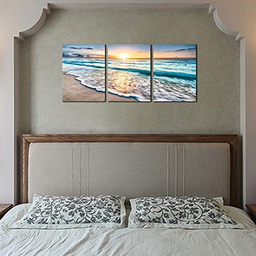 Wieco Art 3 Panels Blue Beach Sunrise White Wave Pictures Painting on Canvas Wall Art Modern Stretched and Framed Seascape Canvas Prints Seaview Landscape Artwork for Home Office Decorations
