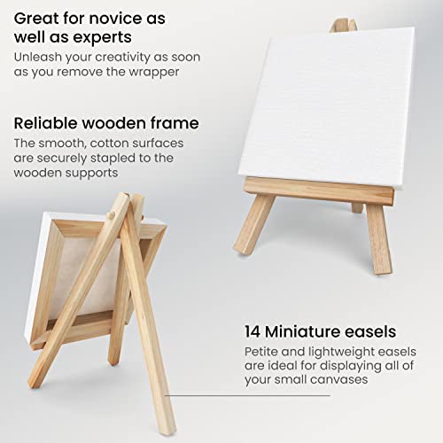 ARTEZA Mini Canvases with Easels 10.16 x 10.16 cm, Pack of 14, 100% Cotton Small Stretched Canvas & Solid Pine Wood Easel, Art Supplies for Painting Parties, Crafts, & Classrooms