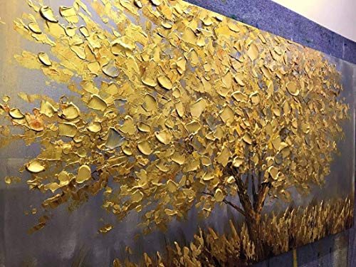 Orlco Art Wall Decoration Hand Painted Landscape Flower Wall art Abstract Palette Knife Gold Tree Blossom Oil painting On Canvas Family wall Living Room Art Wall Decor Stretched Gold 24X48inch