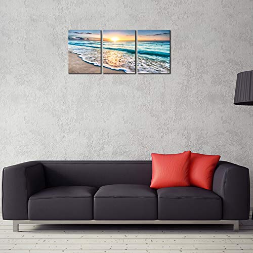 Wieco Art 3 Panels Blue Beach Sunrise White Wave Pictures Painting on Canvas Wall Art Modern Stretched and Framed Seascape Canvas Prints Seaview Landscape Artwork for Home Office Decorations