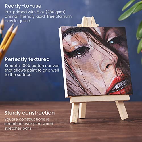 ARTEZA Mini Canvases with Easels 10.16 x 10.16 cm, Pack of 14, 100% Cotton Small Stretched Canvas & Solid Pine Wood Easel, Art Supplies for Painting Parties, Crafts, & Classrooms