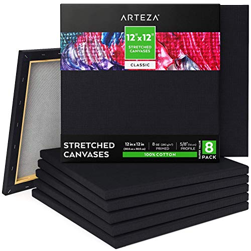 Arteza 30 x 30 cm (12"x12”) Black Stretched Canvas Set, Pack of 8, 100% Cotton, Primed Art Supplies for Acrylic & Oil Painting, for Artist, Hobby Painters & Beginner