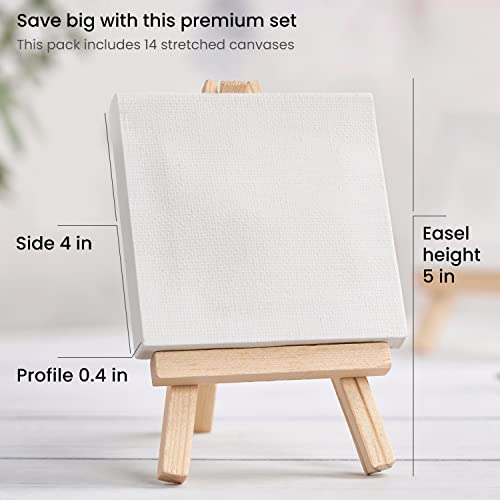 ARTEZA Mini Canvases with Easels 10.16 x 10.16 cm, Pack of 14, 100% Cotton Small Stretched Canvas & Solid Pine Wood Easel, Art Supplies for Painting Parties, Crafts, & Classrooms