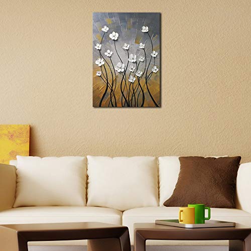Wieco Art - Morning Dancing 100% Hand Painted Floral Oil Paintings Canvas Wall Art Modern Stretched and Framed Grace Abstract Flowers Artwork Ready to Hang for Living Room Home Decorations
