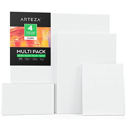 ARTEZA 50x50 cm, 30x40 cm, 20x25cm, and 25x15 cm Stretched Canvas, Pack of 4, 100% Cotton and Primed with Acid-Free Titanium Acrylic Gesso, Art Supplies for Professional Artists & Hobby Painters