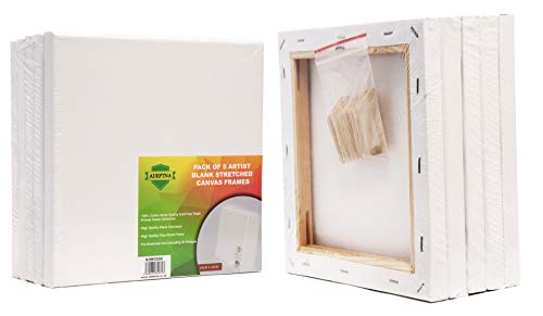 ADEPTNA Pack of 5 Artist Blank Stretched Canvas Frames - 100% Cotton Artist Quality Acid Free Triple Primed Gesso Stretched Canvas Frames with 40 Tightening Keys (20CM X 20CM)
