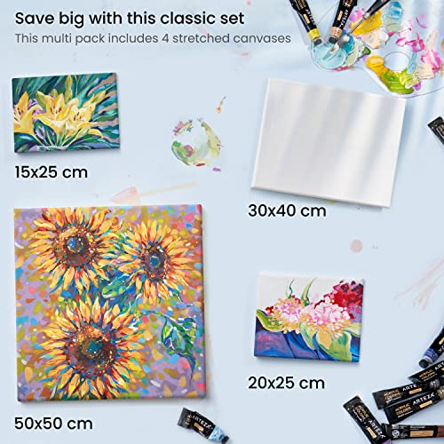 ARTEZA 50x50 cm, 30x40 cm, 20x25cm, and 25x15 cm Stretched Canvas, Pack of 4, 100% Cotton and Primed with Acid-Free Titanium Acrylic Gesso, Art Supplies for Professional Artists & Hobby Painters