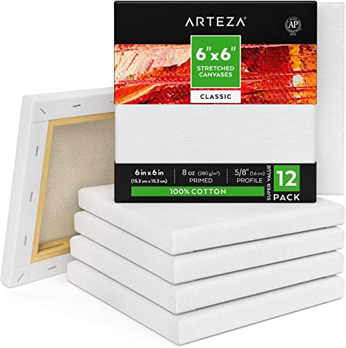 Arteza 15 x 15 cm (6"x6") Stretched Blank Square Canvas for Painting, Pack of 12, Primed 100% Cotton, for Oil & Acrylic Painting, Pouring, Wet Art Media, Art Supplies for Artists & Beginners, White