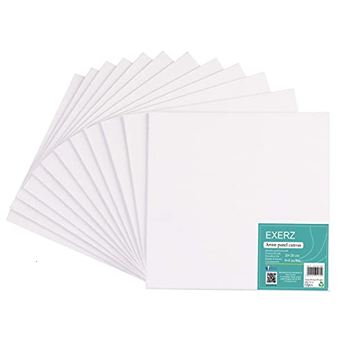 Exerz 20x20cm Canvas Panels 12pcs 3mm Blank Artist Canvas Board 280gsm 100% Cotton/Triple Primed/Acid Free/Medium Grain - Oil & Acrylic Painting for Artists at All Levels