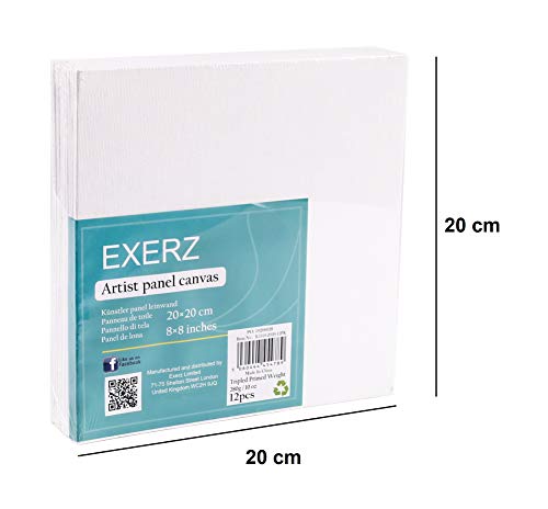 Exerz 20x20cm Canvas Panels 12pcs 3mm Blank Artist Canvas Board 280gsm 100% Cotton/Triple Primed/Acid Free/Medium Grain - Oil & Acrylic Painting for Artists at All Levels