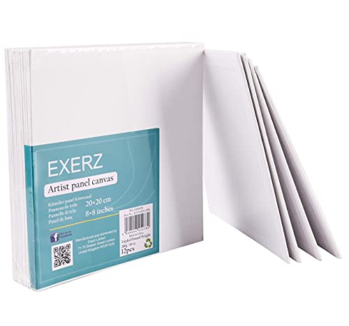 Exerz 20x20cm Canvas Panels 12pcs 3mm Blank Artist Canvas Board 280gsm 100% Cotton/Triple Primed/Acid Free/Medium Grain - Oil & Acrylic Painting for Artists at All Levels