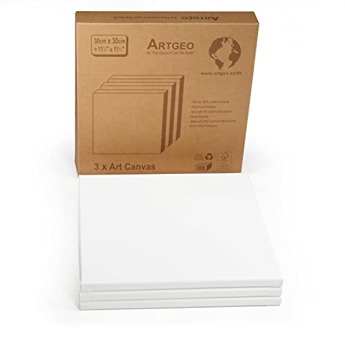 ArtGeo 30cm x 30cm (11 ¾" x 11 ¾") FSC, Stretched Art Canvas, Pack of 3 100% Plastic Free Packaging