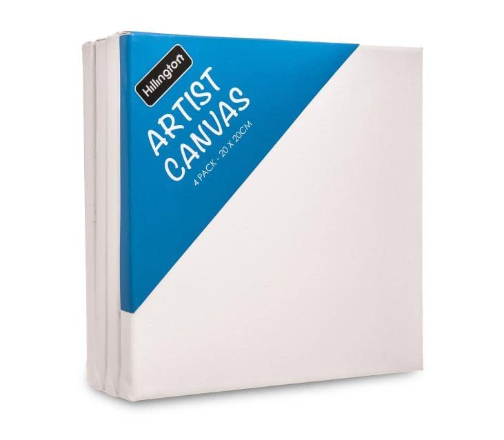 Set of 4 Blank Stretched Canvas On Square 20cm X 20cm (8” X 8”) Wooden Frames- Ideal for Painting & Decorating, Suitable for Both Oil and Acrylic Paints, Can Be Used by All Ages.