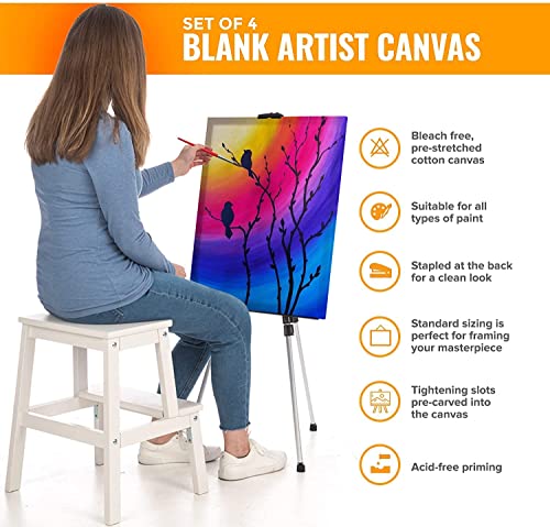 Set of 4 Blank Stretched Canvas On Square 20cm X 20cm (8” X 8”) Wooden Frames- Ideal for Painting & Decorating, Suitable for Both Oil and Acrylic Paints, Can Be Used by All Ages.