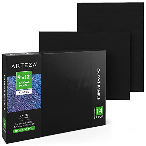 Arteza Black Canvas Board, Pack of 14, 22.9 x 30.5 cm, 8-oz Primed 100% Cotton Canvas Panels, Canvases for Acrylic Painting and Pouring