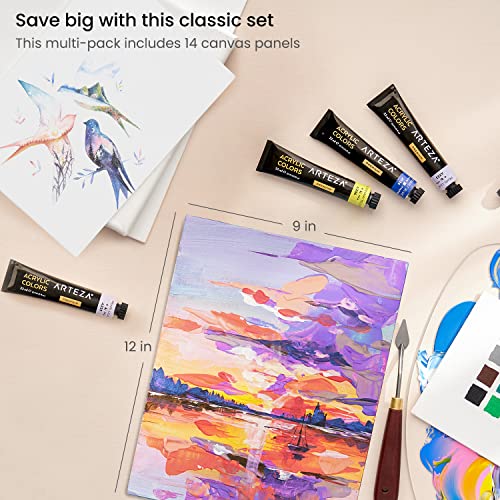 Arteza Black Canvas Board, Pack of 14, 22.9 x 30.5 cm, 8-oz Primed 100% Cotton Canvas Panels, Canvases for Acrylic Painting and Pouring