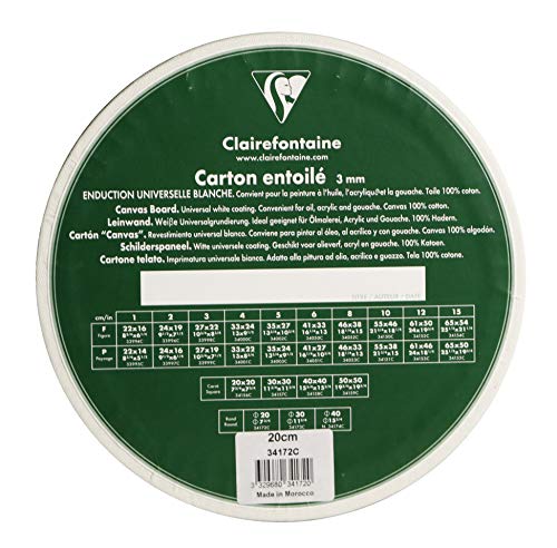 Clairefontaine - Ref 34172C - White Canvas Board (Round) - 20 x 20cm - 3mm Thick, Made from 100% Cotton, Suitable for Oil & Acrylic Paints, Acid Free Surface