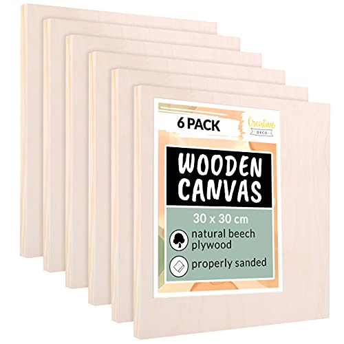 Creative Deco 6 x Wooden Canvas Painting Board | 30 x 30 cm | Cradled Plywood Panel | Art Painting for Crafts, Mixed-Media, Encaustic, Decoupage, Wood Burning, Acrylic Painting, Drawing, Pouring