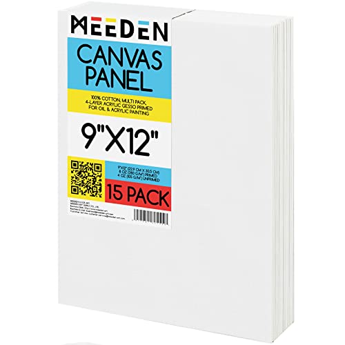 MEEDEN 15-Pack Canvas Boards for Painting, 9×12 Inches Blank White Canvas Panels, 100% Cotton, 8 oz Gesso-Primed, Canvas Art Supplies 9x12 for Oil, Acrylic, Pouring, Airbrushing & Gouache